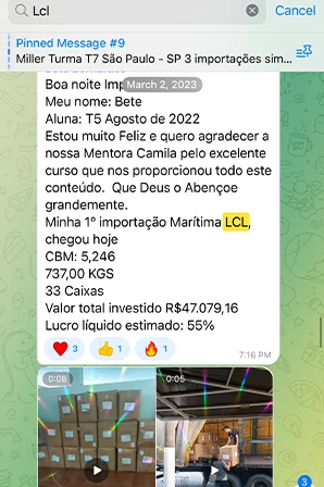 Print de importação LCL / Container Cheio de aluno